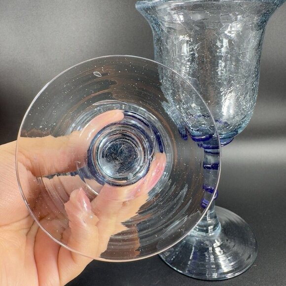 Hand Blown Crackle Glass Goblet Drinking Glasses Set 2 Clear Blue Swirl Goblets - Picture 5 of 12